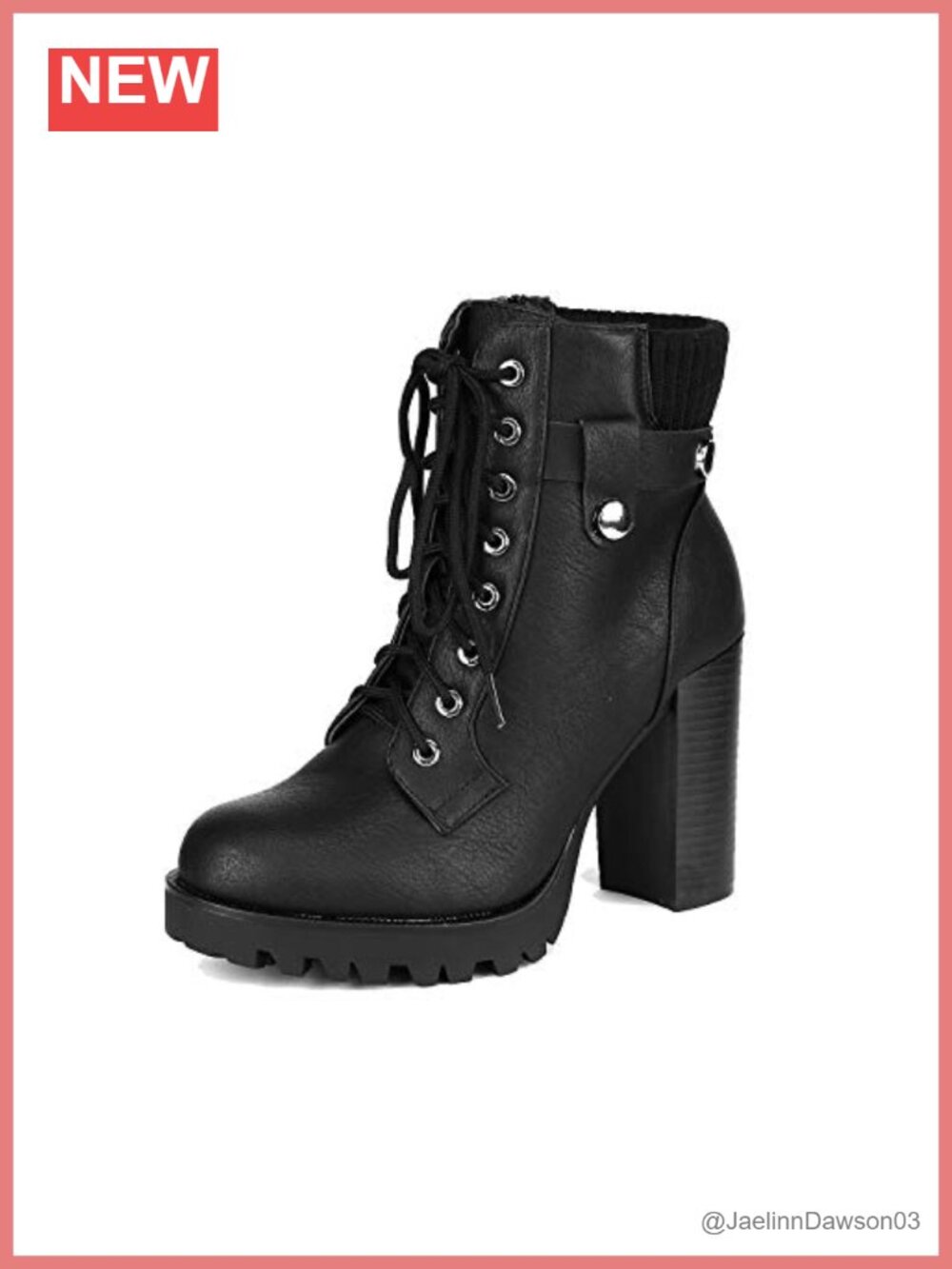 Women's Lace Up Combat Ankle Booties with Knit Cuff, Faux Leather, Chunky Heel